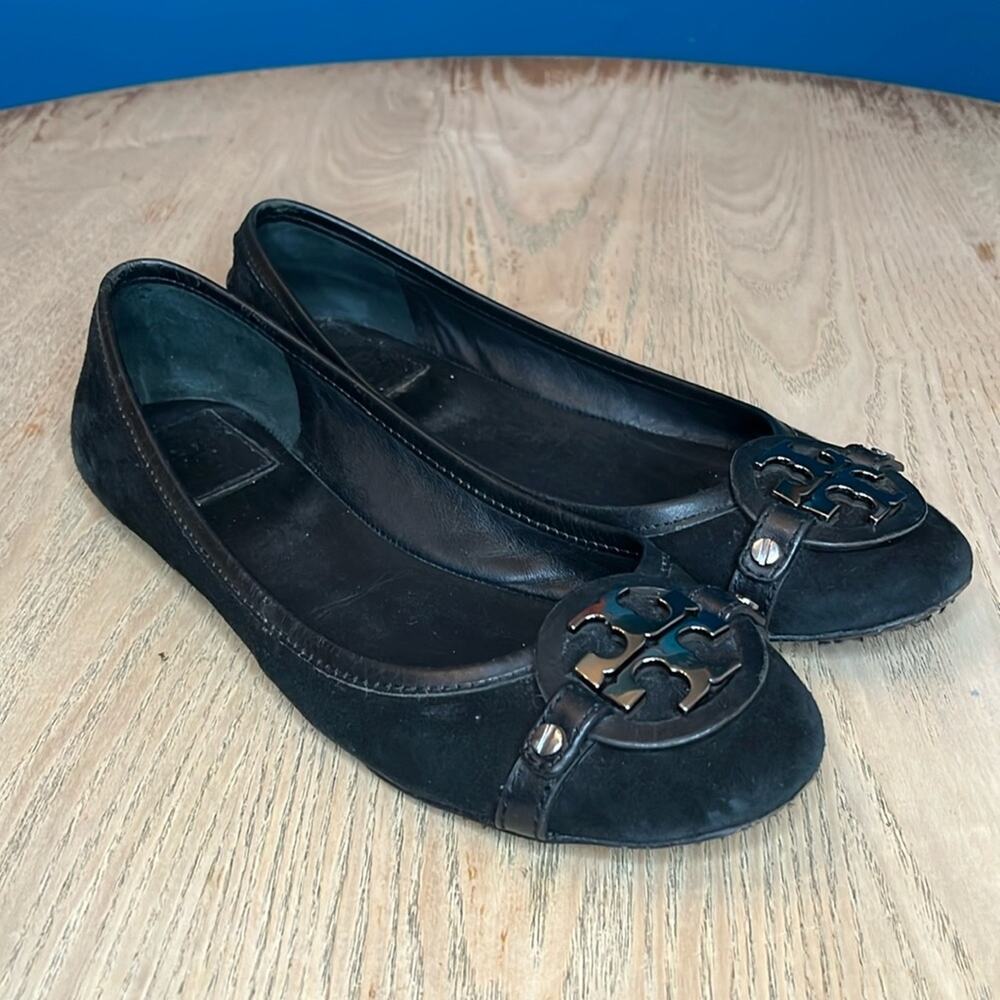 Tory Burch Aaden Suede Ballet Flats Slip Ons Black Gunmetal Size 7.5